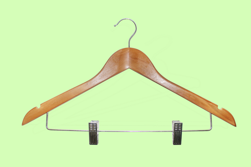 combination wooden hanger with bar and clips