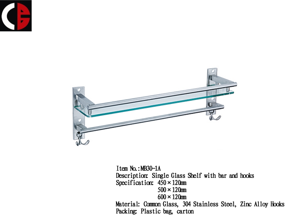 Single Glass Shelf with bar and hooks MB30-1A